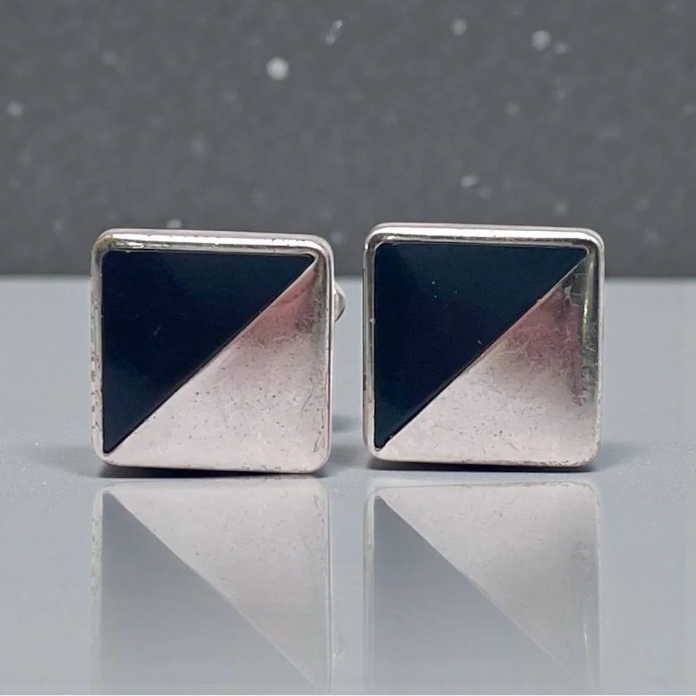 Elegant Vintage Anson Silver Tone a Black Cufflinks With Geometric Block Design